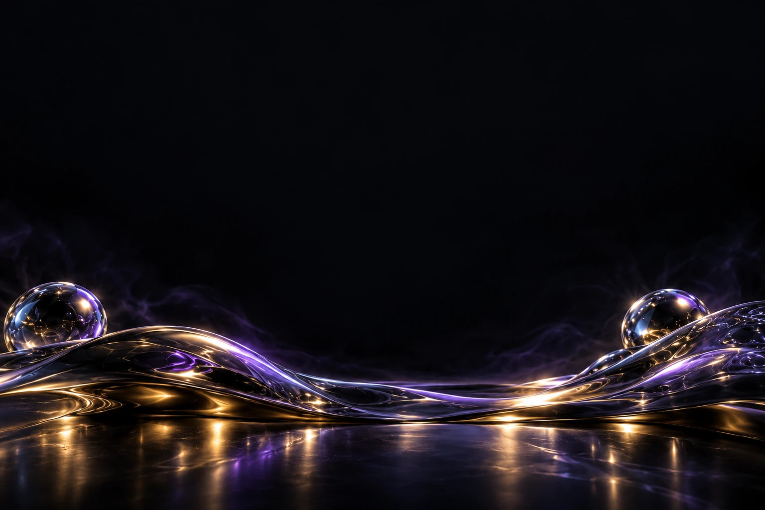 Low flowing wave of optical glass with gold and violet reflections